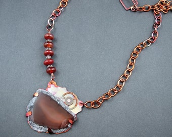 Copper set rusty brown geode necklace one of a kind OOAK handmade by Mary Heuer