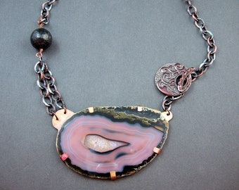 Gorgeous statement black/gray geode one of a kind OOAK necklace by Mary Heuer