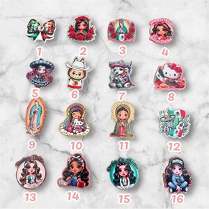 May include: A collection of decorative charms featuring various designs. The charms include images of religious figures, cartoon characters, and bows. The color palette includes red, green, blue, and pink.