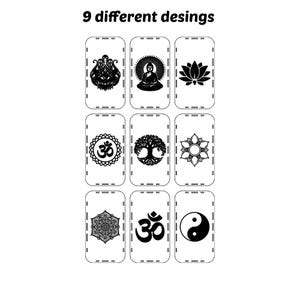 May include: Nine white rectangular designs with black graphics, including a lotus flower, Buddha, Om symbol, tree of life, and a yin-yang symbol. The text "9 different desings" is at the top.