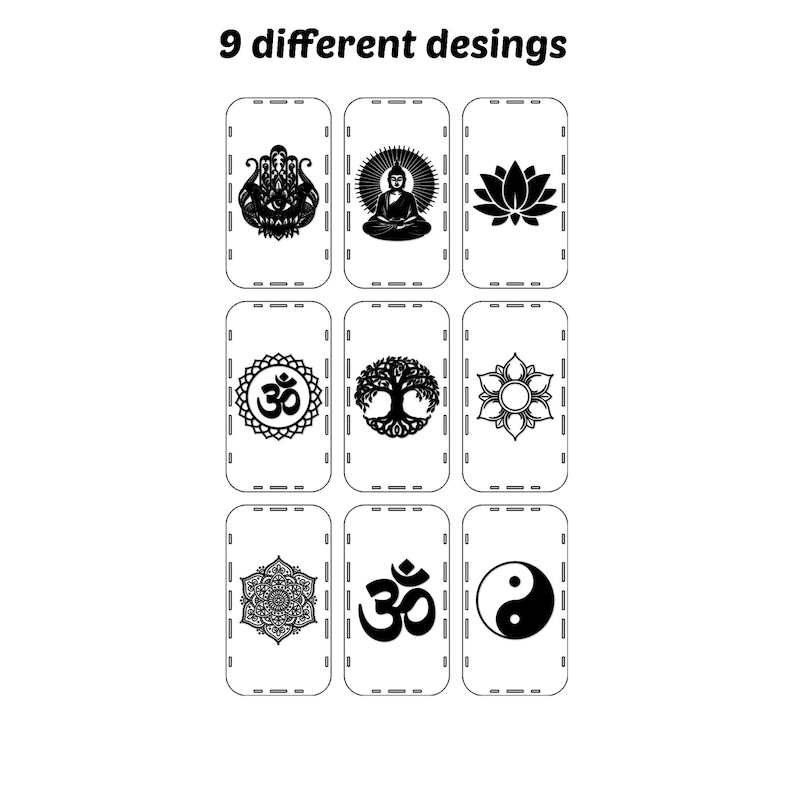 May include: Nine white rectangular designs with black graphics, including a lotus flower, Buddha, Om symbol, tree of life, and a yin-yang symbol. The text "9 different desings" is at the top.