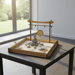 May include: A miniature zen garden with a wooden frame, sand, and a small Buddha statue. The garden includes smooth stones, a lotus flower, and a wooden gong. A small rake and other accessories are included. The garden sits on a dark table.