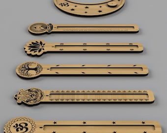 May include: A collection of wooden incense holders and a crescent-shaped incense burner. The holders feature various designs, including an eye, lotus flower, tree of life, Hamsa hand, and the Om symbol. Each holder has a slot for incense sticks.