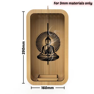 May include: A wooden rectangular box with a Buddha silhouette design. The box is 290mm tall and 160mm wide. The text "For 3mm materials only" is at the top. The Buddha is in a meditative pose, surrounded by a sunburst design.