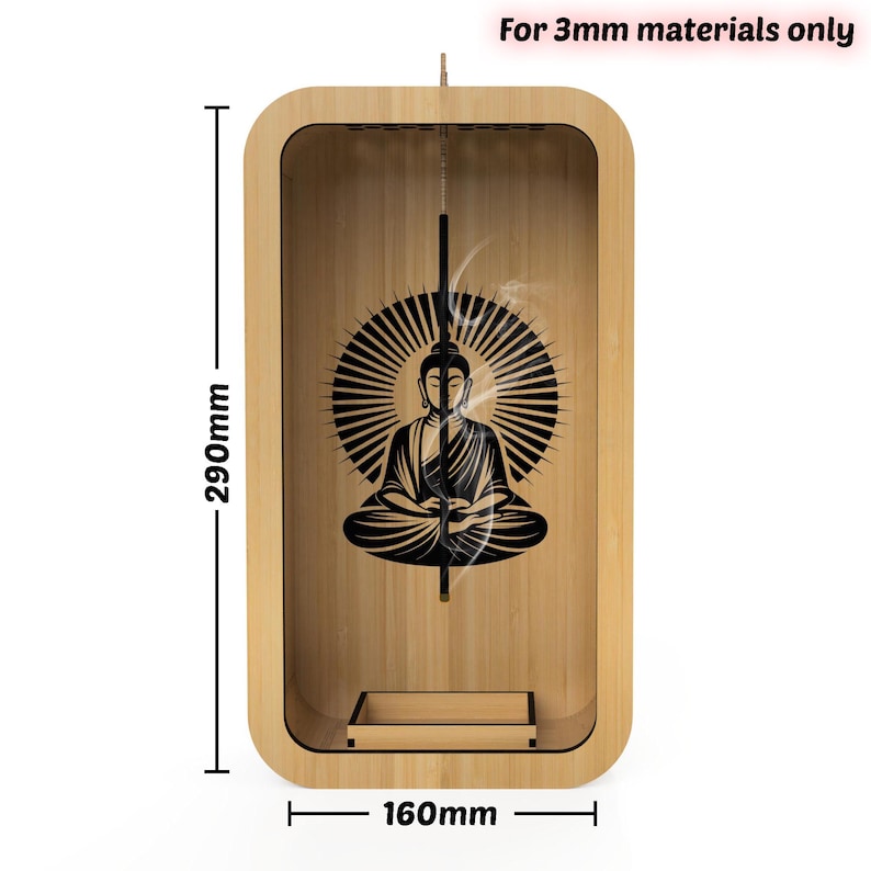 May include: A wooden rectangular box with a Buddha silhouette design. The box is 290mm tall and 160mm wide. The text "For 3mm materials only" is at the top. The Buddha is in a meditative pose, surrounded by a sunburst design.