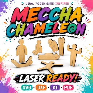May include: A digital graphic featuring the text "VIRAL VIDEO GAME INSPIRED MECCHA CHAMELEON" in colorful, brush-stroke style lettering. Below, seven light-colored wooden stick figures are posed in various positions. "LASER READY!" is written below.