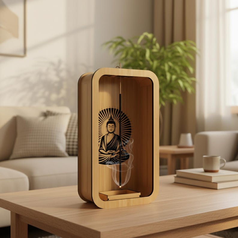 May include: A wooden incense holder with a rectangular frame and rounded corners. The design features a black and white illustration of Buddha. Incense smoke rises from the bottom. The holder is on a wooden table.