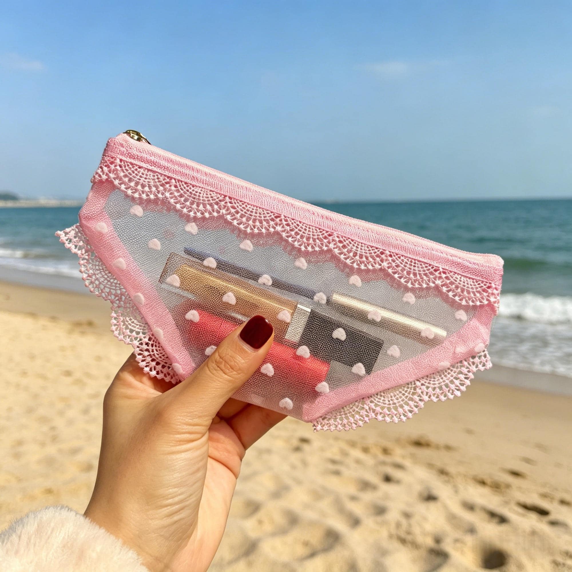Heart Lace Makeup Pouch, Sheer Mesh Cosmetic Bag, Cute Lipstick Organizer, Coquette Aesthetic Travel Pouch, Gift for Her