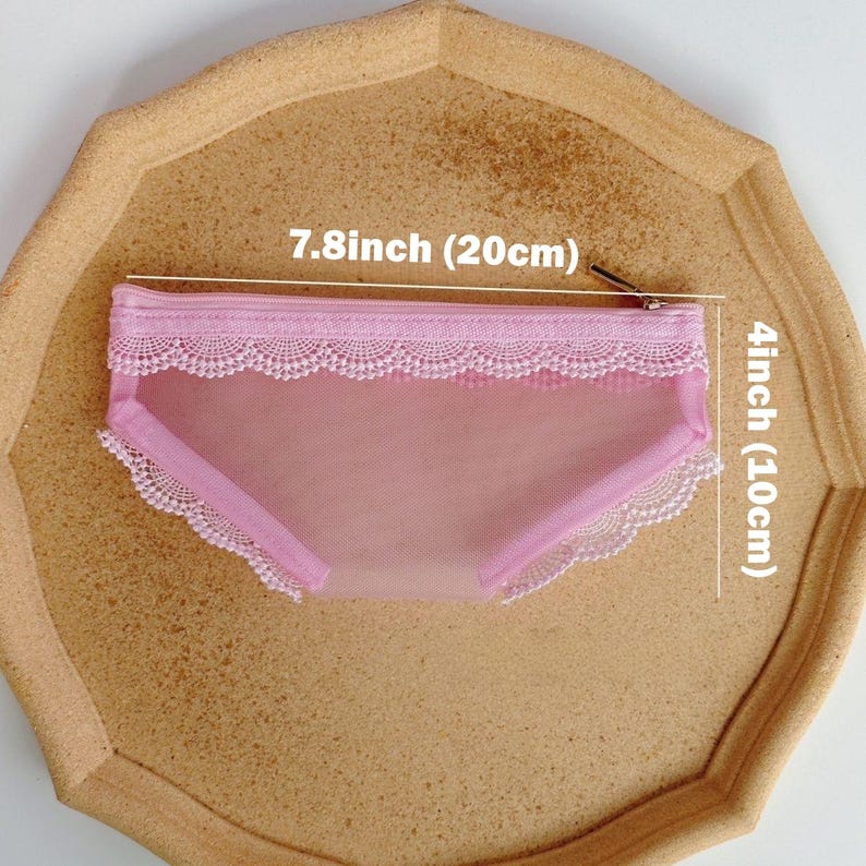 May include: Pink underwear with lace trim, measuring 7.8 inches (20 cm) wide and 4 inches (10 cm) high. The garment is made of a sheer material and features a zipper closure.