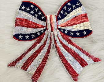 American Flag Patch, Sequin Bow Patch, Embroidery and Sequin Patch, 11" Iron on Patch, Silver Glitter Patch, Patriotic Patch, Glitter Patch