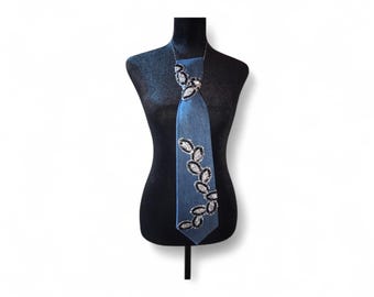 Denim Tie, with Black and Silver Rhinestones Ladies Fashion Tie Necklace