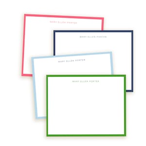 May include: Four blank stationery cards with different colored borders. The top card has a pink border and says "MARY ELLEN PORTER". The second card has a navy blue border and says "MARY ELLEN PORTER". The third card has a light blue border and says "MARY ELLEN PORTER". The bottom card has a green border and says "MARY ELLEN PORTER".