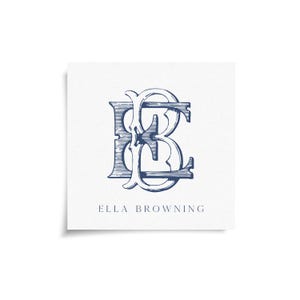 May include: A square card with a navy blue monogram of the letters "E" and "B" intertwined. The text "ELLA BROWNING" is printed in a serif font below the monogram. The background is white.