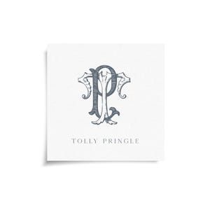 May include: A square card with a gray monogram of the letters "P" and "T" in an ornate, vintage style. The words "Tolly Pringle" are printed in a simple font below the monogram on a white background.