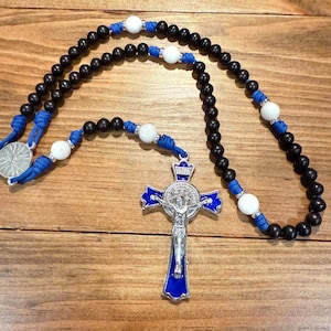 Paracord handmade Rosary with premium ebony wood beads with Holy Spirit center  and St. Benedict Crucifix Rosary Catholic gift
