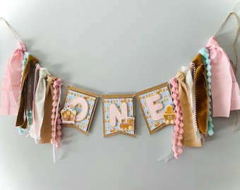 Pink Gingerbread Girl Birthday Banner & Cake Topper, Sweet ONE High Chair Banner,  Our Little Cookie is ONE, Christmas 1st Birthday