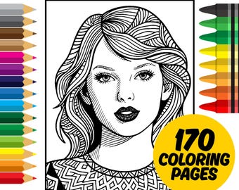 Könnte beinhalten: Schwarz-Weiß-Illustration eines Frauengesichts mit detaillierten Haaren und Gesichtszügen. Das Bild enthält den Text "170 Coloring Pages" und "PDF 8.5x11". Die Worte "Printable | Instant Download" stehen oben.