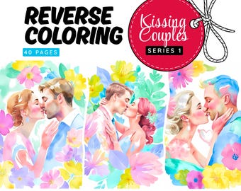 Reverse Coloring Pages: Kissing Couples - Series 1,  40 Printable Watercolor Backgrounds, PDF & PNG Digital Download, Mindful Drawing