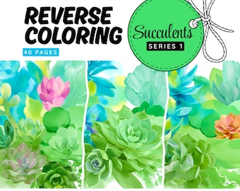 Reverse Coloring Pages: Succulent - Series 1,  40 Printable Watercolor Backgrounds, PDF & PNG Digital Download, Mindful Drawing Line Drawing