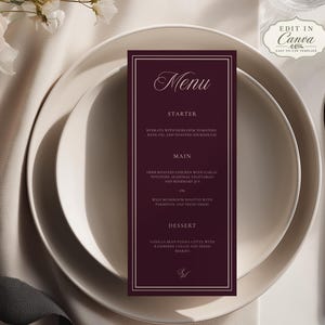 Burgundy Wedding Menu Template, Wine Wedding Menu, 4x9 Dinner Menu, Elegant Wedding Reception Menu, Editable Canva Template