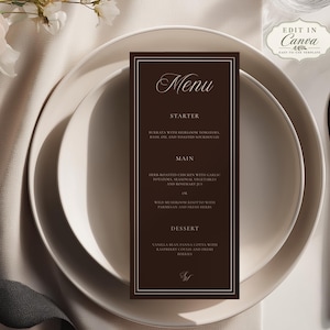 Chocolate Brown Wedding Menu Template, Editable Canva Menu, 4x9 Dinner Menu, Elegant Wedding Menu, Brown Wedding Reception