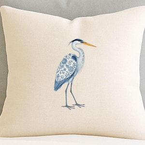 Blue Chinoiserie Heron Pillow | Watercolor Coastal Bird Decor | Elegant Minimalist Throw Pillow for Beach House Style