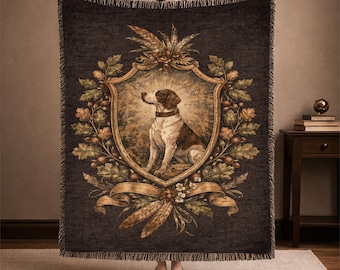 Manta tejida vintage para perros de caza, manta con el escudo de un perro de caza inglés, manta con estética de clase alta, manta de algodón para perros de caza, regalo para él.