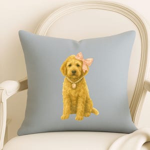 Golden Doodle Pillow Cover, Coquette Dog Decor with Bow and Pearls, Watercolor Pet Portrait, Linen Feel, 3 Sizes, Boutique Gift