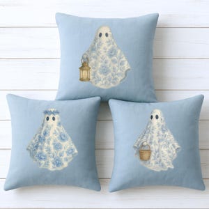 Ghost Pillow Set Blue and White Halloween Pillows for Sofa, Entryway or Bench, Neutral Fall Décor, Cute Autumn Home Accent, Linen Feel