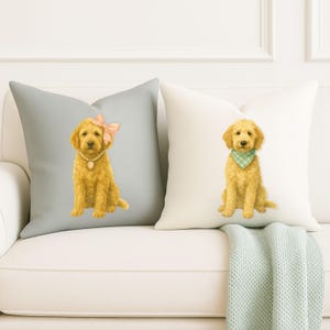 Golden Doodle Dog Pillow Set, Coquette Girl and Gingham Boy, Watercolor Dog Decor, Fog Gray & Dream, Linen Feel, Boutique Pet Gift Memorial