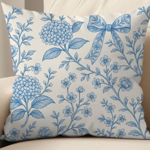 Chinoiserie Blue Hydrangea Bow Pillow Cover French Country Decor | Coquette Cottagecore Floral Blue and White Throw Pillow Accent