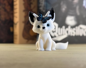 Adorable Fox with Butterfly onyx , bookshelf decor, bookish gift, quicksilver (60mm Tall)