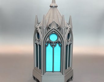 Rincón de libros con linterna de catedral gótica: Decoración de estantería de Dark Academia