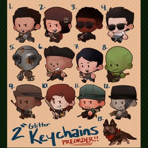 May include: A collection of thirteen chibi-style character illustrations numbered one through thirteen, including a robot and a dog, with the text 2 inch Glitter Keychains PREORDER at the bottom. The characters feature various outfits and accessories.