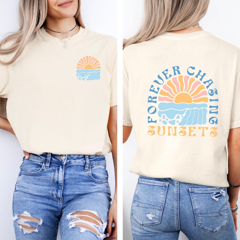 May include: Cream-colored t-shirt with a retro sunset graphic on the front and back. The front graphic features a sun, waves, and text. The back of the shirt has the words "Forever Chasing Sunsets" in a curved design.