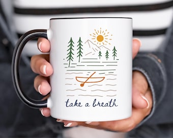 Taza "Tómate un respiro", "Tómate un respiro", taza de café con temática de lago, taza de café con temática de lago, tazas de café con temática de lago, café en el lago, café con temática de lago