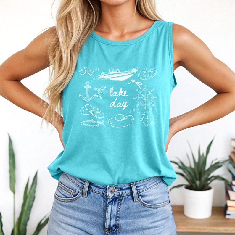 Boat Day Doodle Tank Top, boat day tank, Doodle shirt, lake weekend girls trip, lake theme gifts, lake days shirt, lake lover gift, boating Lagoon Blue