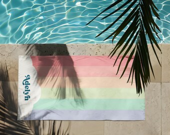 Personalized kids Beach Towel, fun beach towels, cute beach towels, custom name rainbow towel, beach towels, spring break family beach towel
