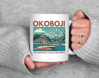 Taza de cerámica con temática retro de Okoboji, Okoboji, Iowa, Regalo para amigos, Artículo de colección, Decoración para el hogar junto al lago, Estilo vintage, Ideal para rellenar calcetines navideños