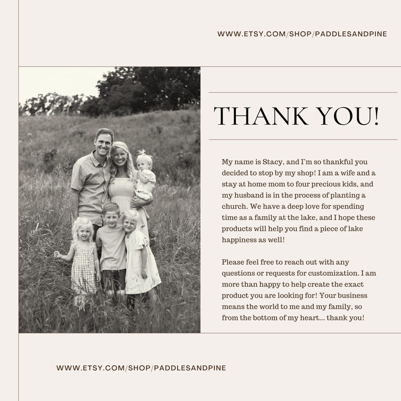 May include: Black and white photograph of a family of seven standing in a field. The text "THANK YOU!" is displayed prominently. The Etsy shop URL is visible at the top and bottom of the image.