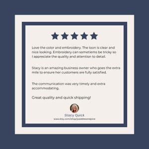 May include: A customer review card with a navy blue border and a white interior. The card features five gold stars, customer feedback, and a photo of Stacy Quick. The Etsy shop URL is also included.