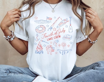 Camiseta con diseño de dibujos animados para el 4 de julio en el lago, camiseta sin mangas para el día del barco, atuendo para el 4 de julio, fin de semana de chicas en el lago, fin de semana de chicas en la cabaña, camiseta patriótica para el lago