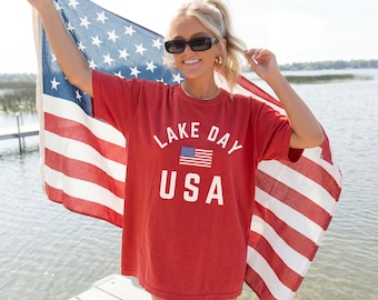 Camiseta/sudadera/camiseta sin mangas Lake Day USA, camiseta patriótica con la bandera estadounidense, día de lago, fin de semana en el lago, fin de semana en la cabaña, camiseta del 4 de julio, camiseta sin mangas para navegar