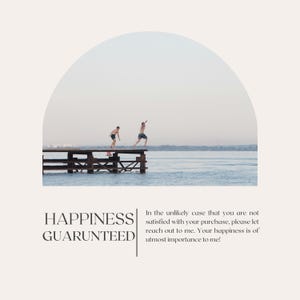 May include: Two people jumping off a wooden pier into a body of water. The image has a soft, neutral color palette. Text at the bottom reads "HAPPINESS GUARUNTEED".