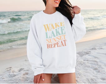 Wake Lake Sunset Repeat Sweatshirt, lake theme gifts, wake and lake, lake life sweatshirt, lake crewneck, lake sweater, lake vibes, gift