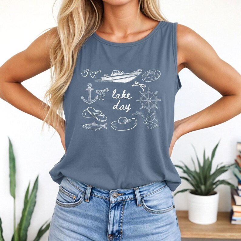 Boat Day Doodle Tank Top, boat day tank, Doodle shirt, lake weekend girls trip, lake theme gifts, lake days shirt, lake lover gift, boating Blue Jean