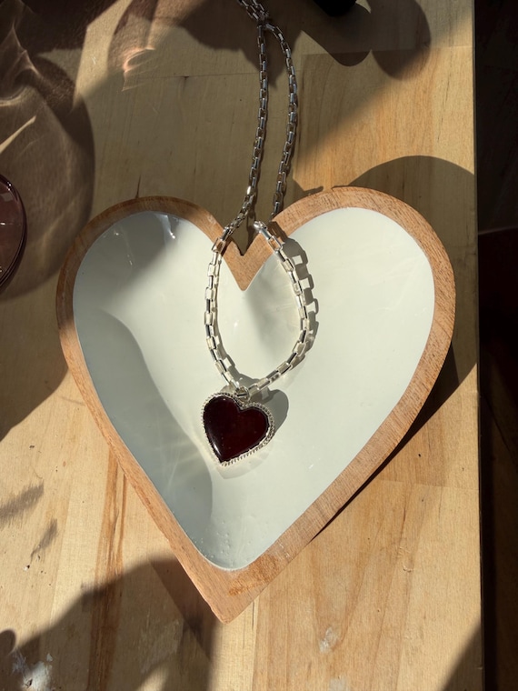 Handmade Red Labradorite Heart Necklace • Sterling Silver Paperclip Chain