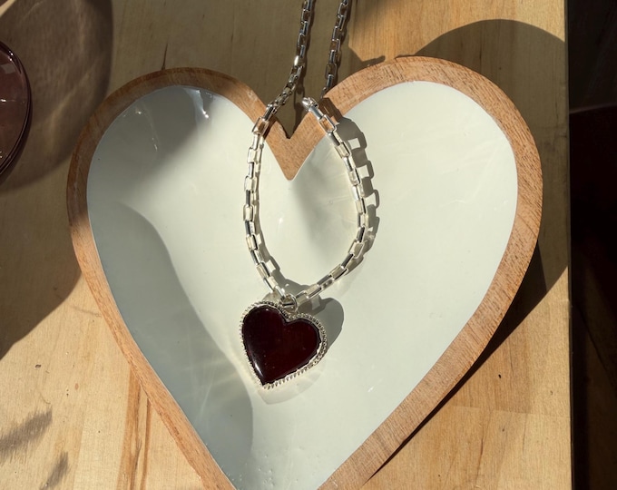 Red Labradorite Heart Necklace • One of a Kind Paperclip Chain • Sterling Silver Pendant • Handmade 20 Inch Necklace