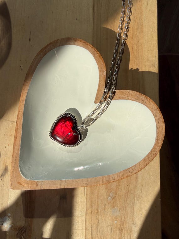 Red Labradorite Heart Necklace • Sterling Silver Paperclip Chain, 18 Inch