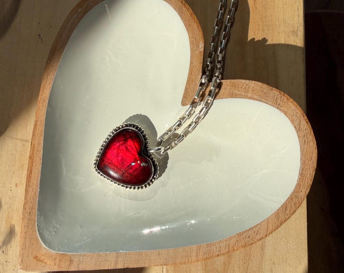 Red Labradorite Heart Necklace • One of a Kind Paperclip Chain • Sterling Silver Beaded Heart • Handmade 18 Inch Necklace